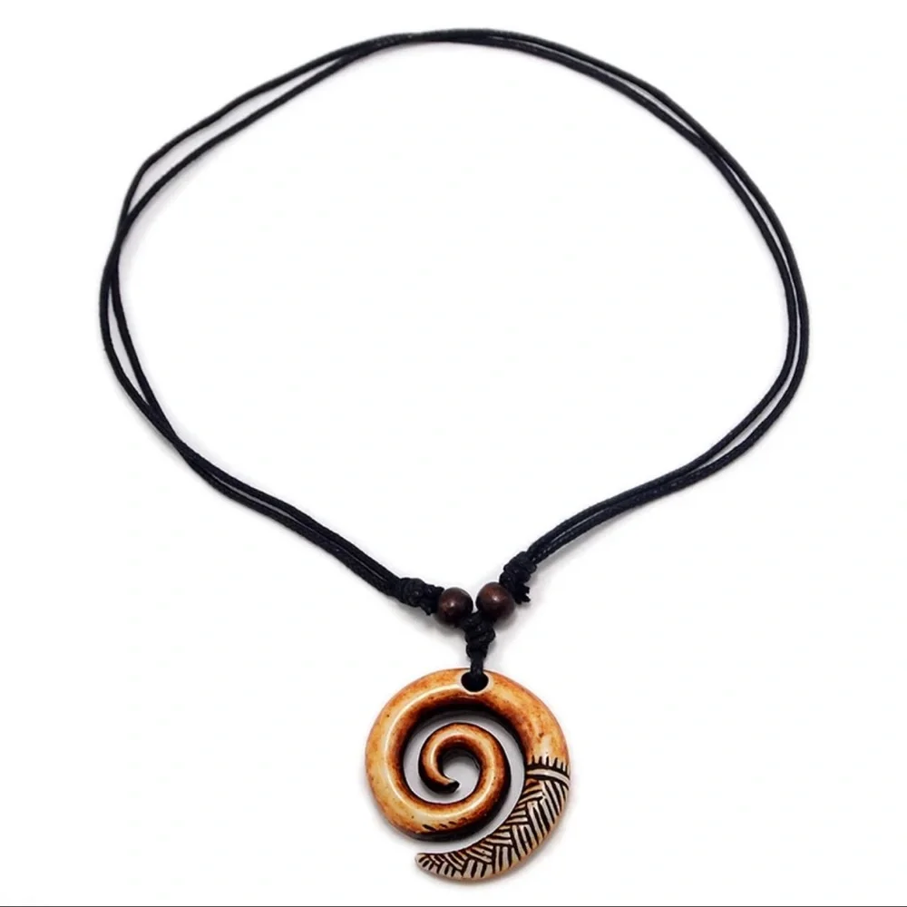 New Handmade Boho Hawaiian Tribal Engraved Spiral Helix Hook Pendant Necklace